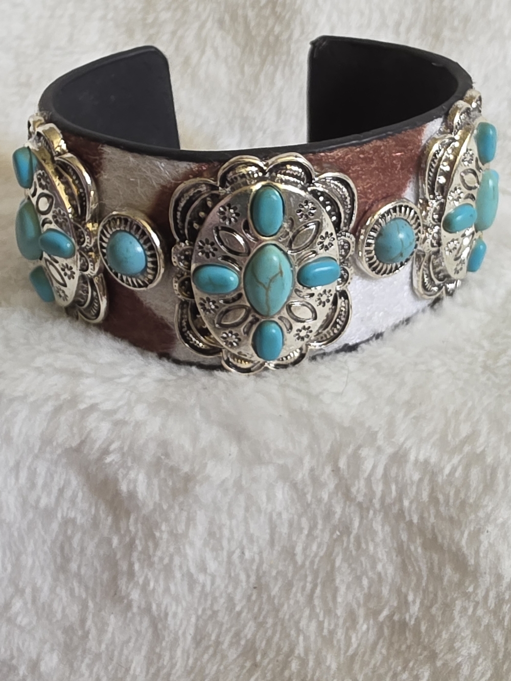 Shyanne Cowhide Hair-On-Hide Turquoise Concho Cuff Bracelet Western Boho
